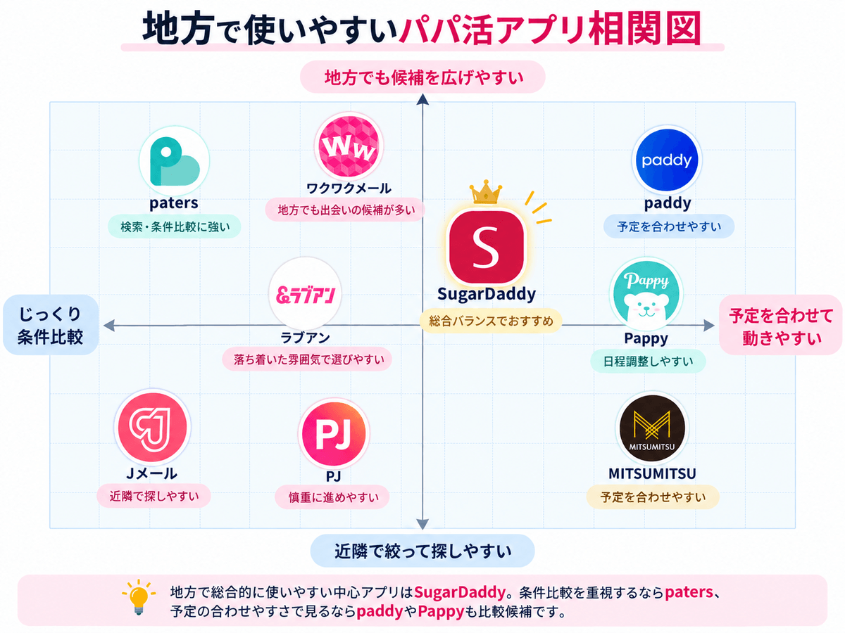 地方で使いやすいパパ活アプリ9社の特徴と立ち位置を比較した相関図