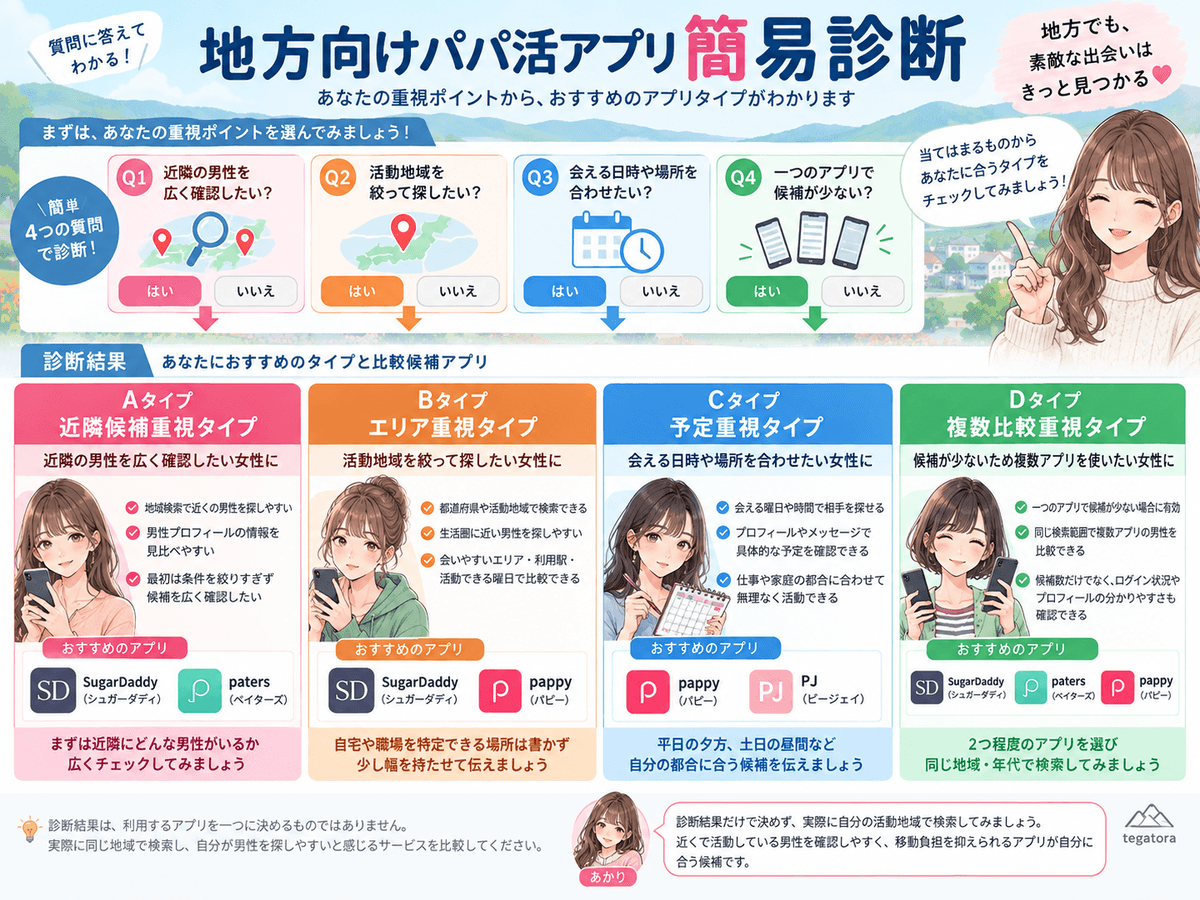 地方向けパパ活アプリを4タイプから選ぶ簡易診断