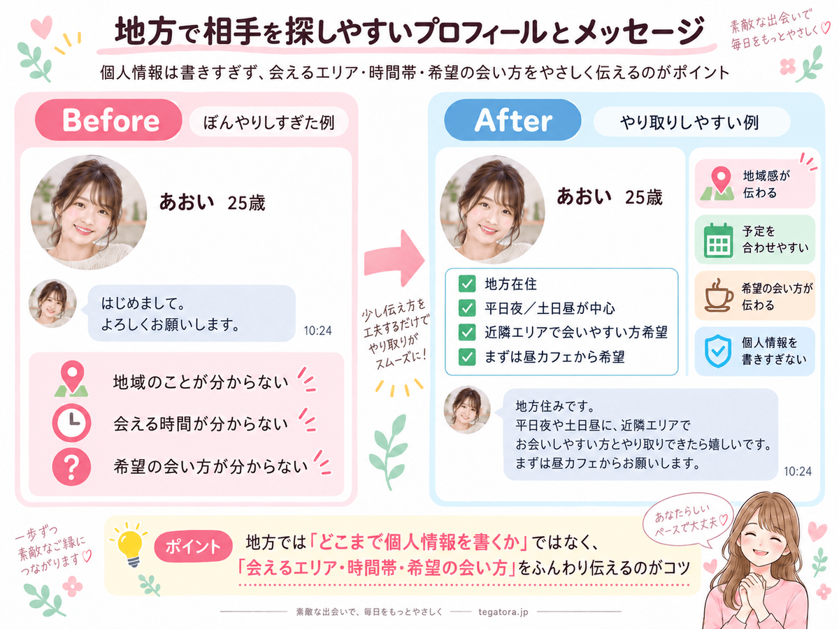 地方で相手を探しやすいプロフィールとメッセージの改善例